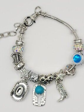 Pandora Style Charm Bracelet Giddy Up Cowgirl! Silver, Blue, Cactus, Hat, Boot